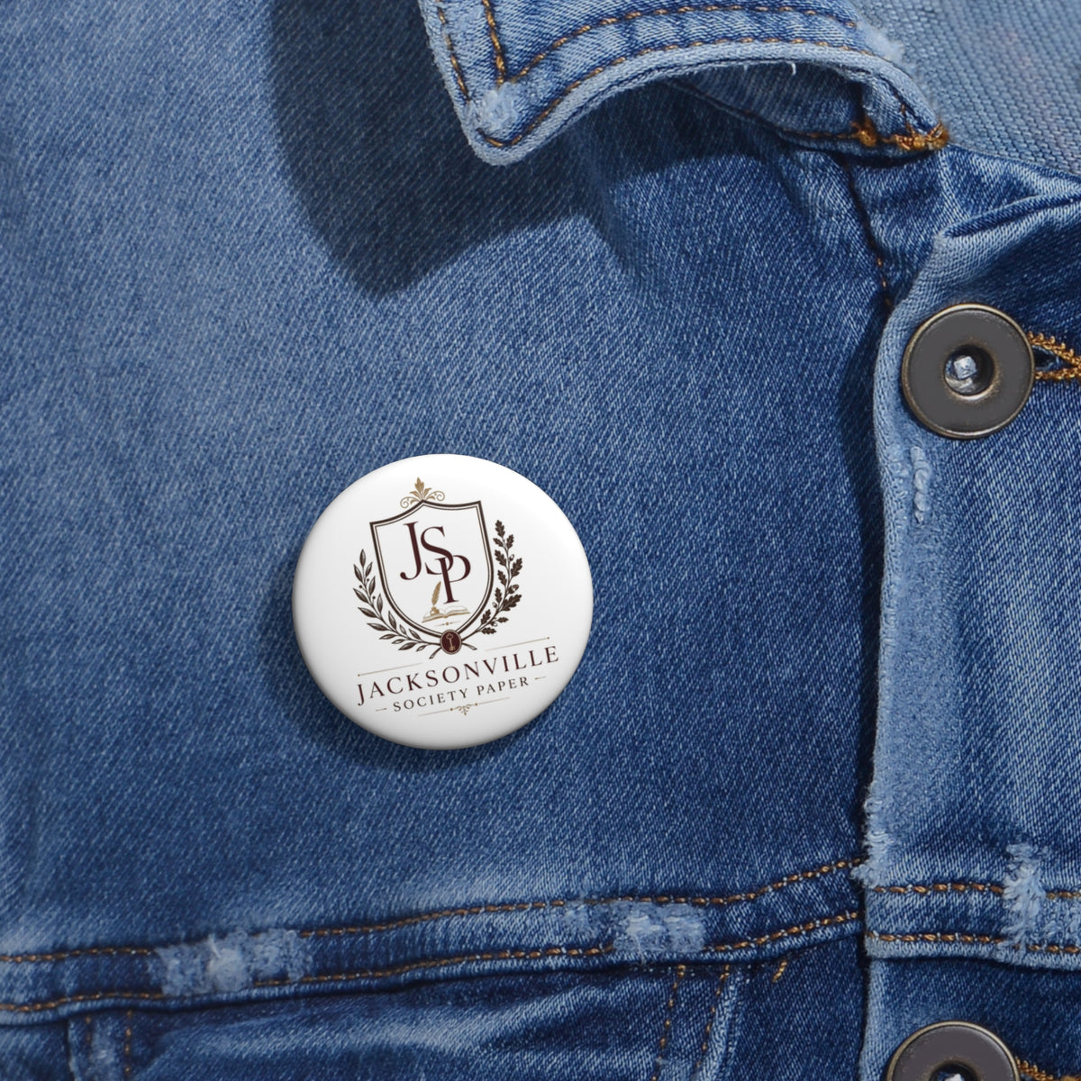 Custom Logo Pin Button — Jacksonville Society Paper Crest Button